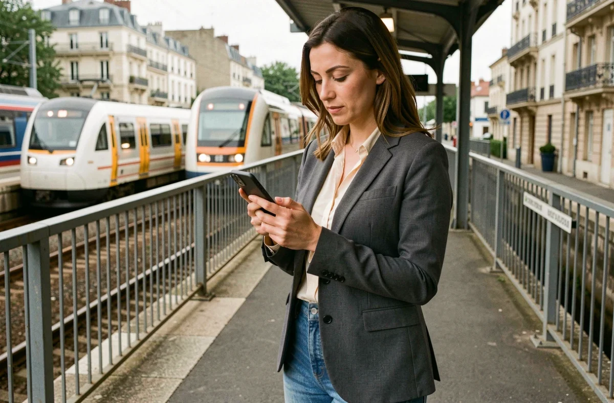 Femme consultant une application immobilière sur le quai d'une gare de banlieue en Île-de-France
