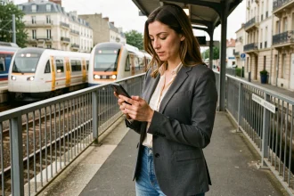 Femme consultant une application immobilière sur le quai d'une gare de banlieue en Île-de-France