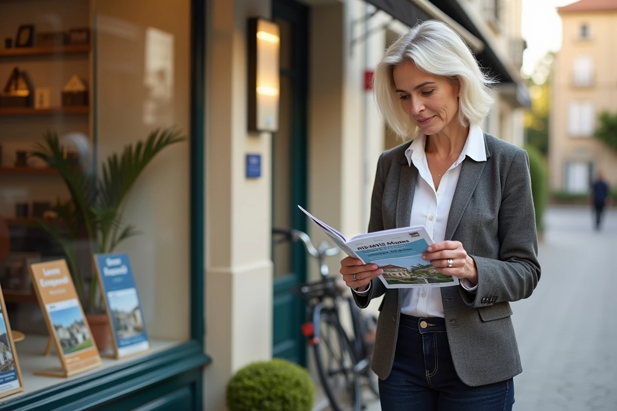 Femme consultant une brochure immobilière devant une agence dans une ville côtière française pour investissement en mobil home LMNP