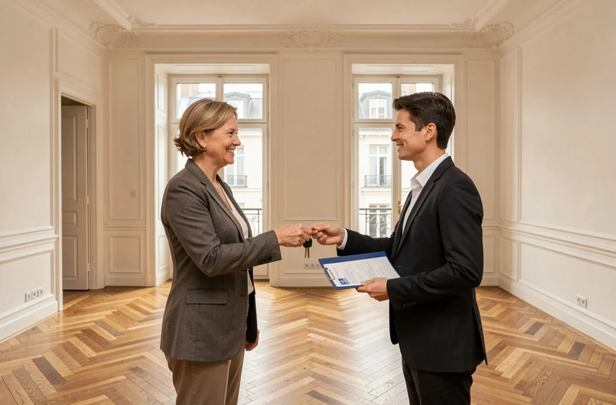Agent immobilier remettant les clés et un dossier d'assurance habitation à un nouveau propriétaire