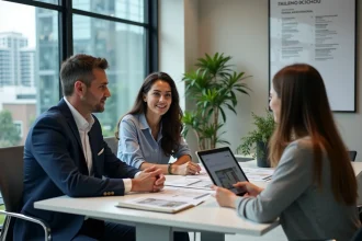 Agent immobilier CHT conseillant un couple dans une agence moderne avec documents et tablette sur le bureau