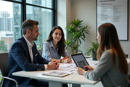 Agent immobilier CHT conseillant un couple dans une agence moderne avec documents et tablette sur le bureau