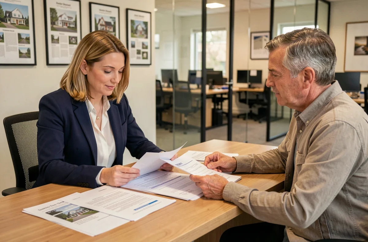 Agent immobilier et propriétaire examinant un contrat de bail dans une agence immobilière moderne