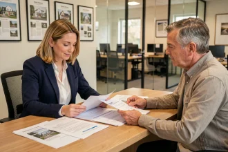 Agent immobilier et propriétaire examinant un contrat de bail dans une agence immobilière moderne