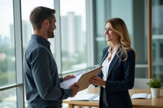 Agent immobilière remettant un contrat de vente signé à un acheteur satisfait dans une agence moderne, illustrant les honoraires à la charge du vendeur