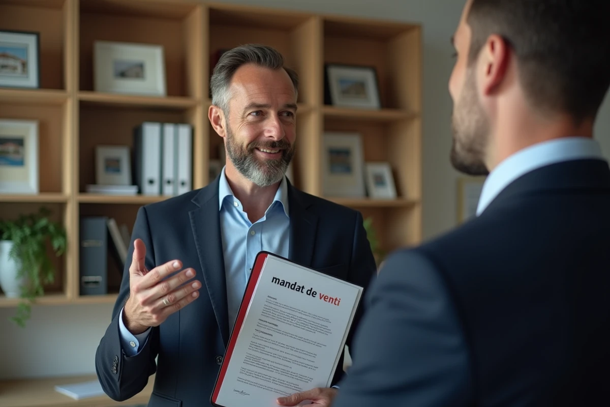 Agent immobilier en costume discute avec un client dans une agence