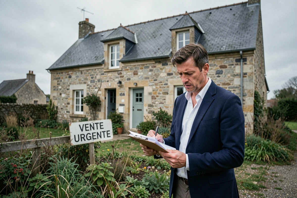 Agent immobilier devant une maison normande en granit avec panneau vente urgente dans la Manche