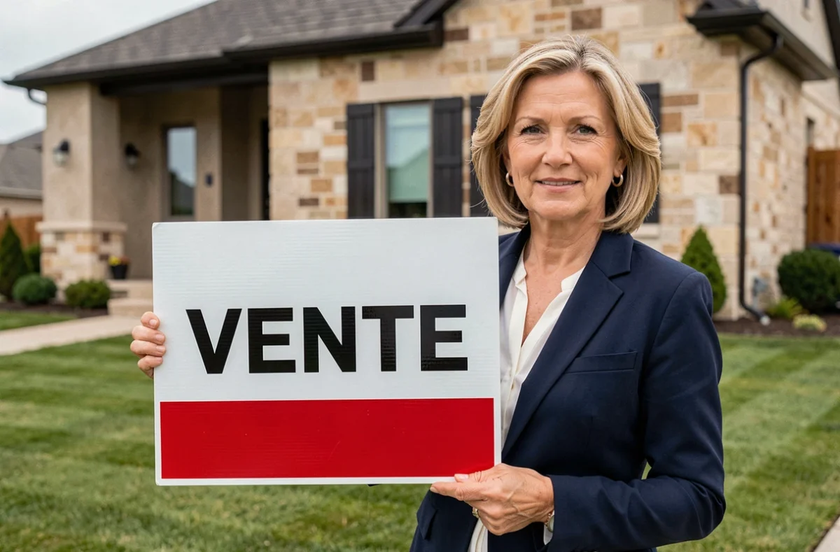 Agent immobilier tenant un panneau de vente immobilière imprimé devant une maison moderne