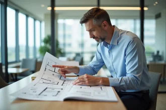 Agent immobilier analysant un plan d'appartement T3 dans une agence moderne pour évaluer la valeur de revente