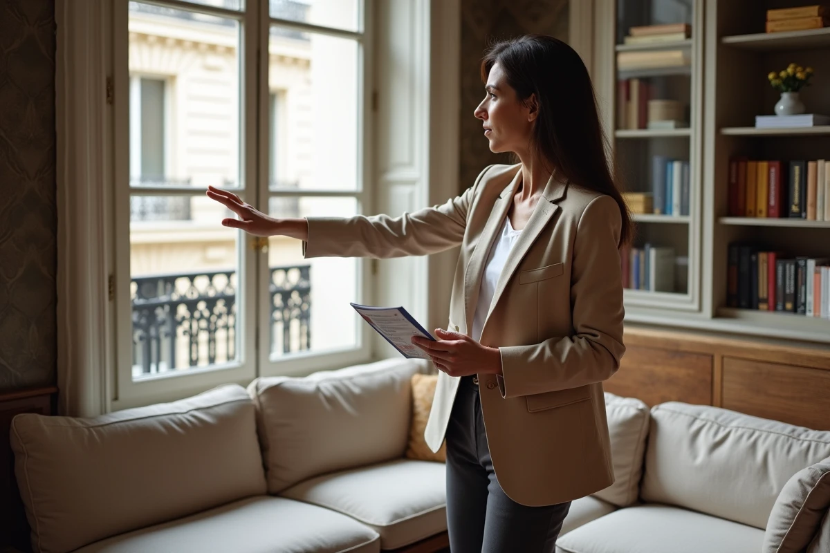Agent immobilier présentant un appartement familial parisien à un vendeur potentiel