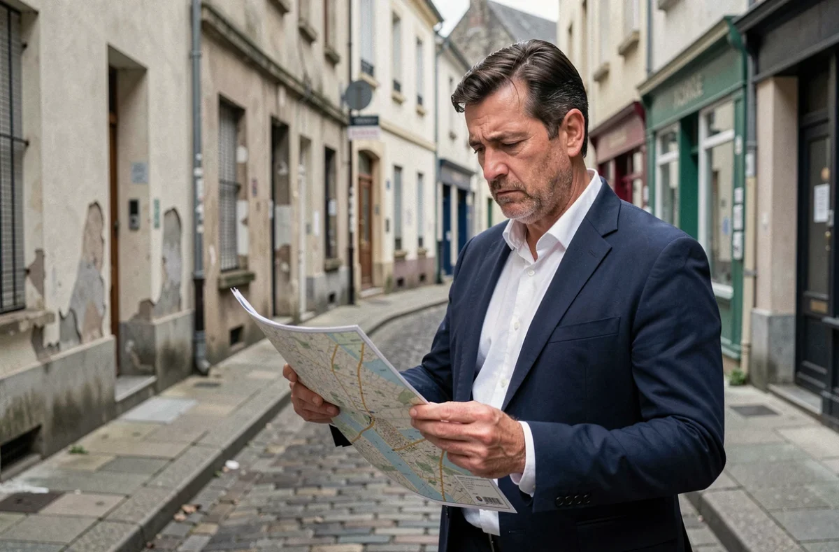 Agent immobilier analysant une carte de quartier à Rennes pour évaluer les risques d'investissement
