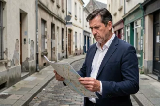 Agent immobilier analysant une carte de quartier à Rennes pour évaluer les risques d'investissement