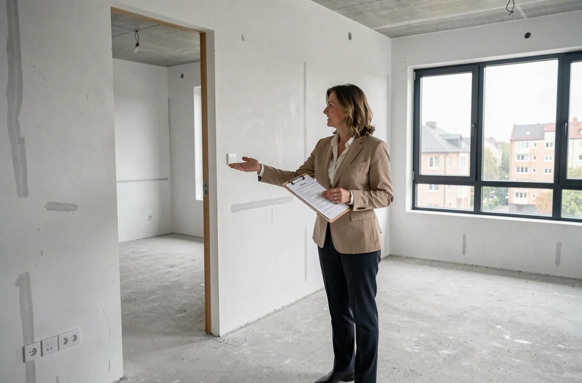 Agent immobilière visitant un appartement vide pour évaluer le nombre de chambres idéal pour un investissement locatif rentable