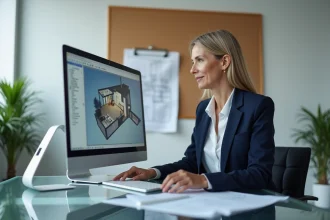 Agent immobilier analysant une visite virtuelle 3D sur écran dans un bureau moderne pour qualifier des acheteurs