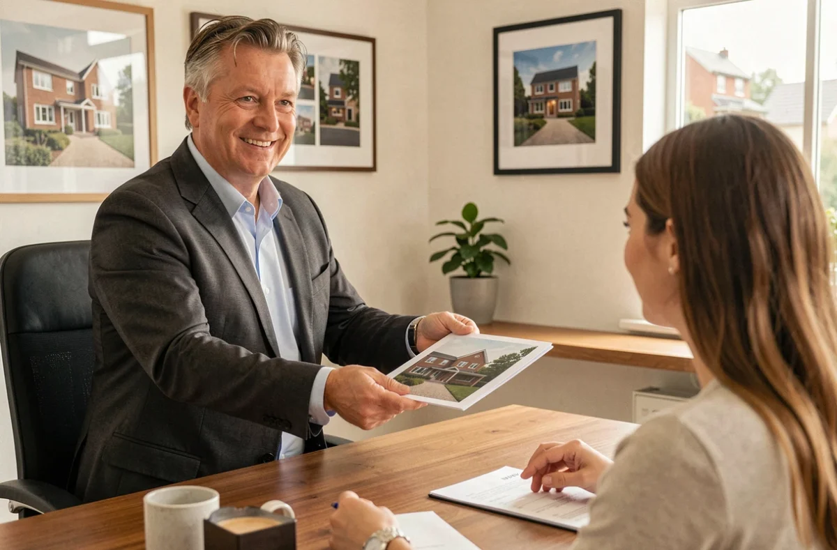 Agent d'Alain Rousseau Immobilier présentant une propriété à un couple à Angers