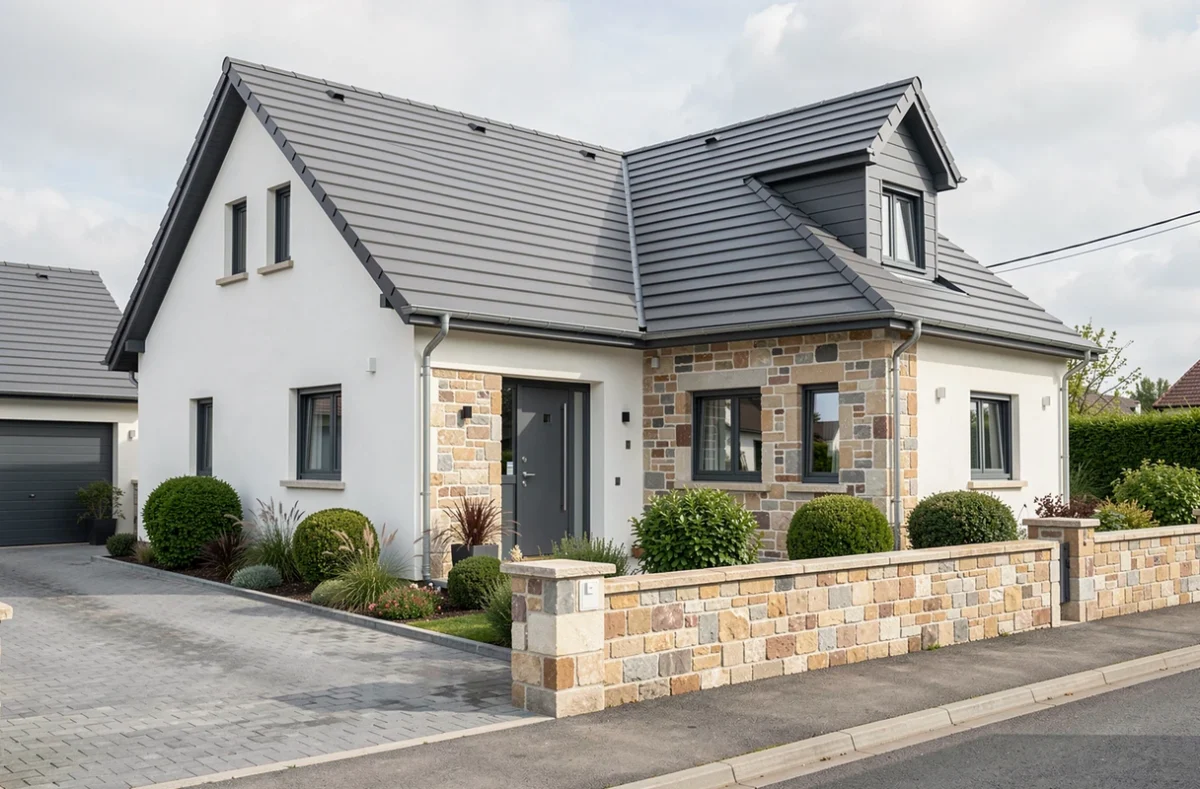 Maison individuelle construite par Alliance Construction dans la Vienne, avec murs en pierre apparente et menuiseries anthracite