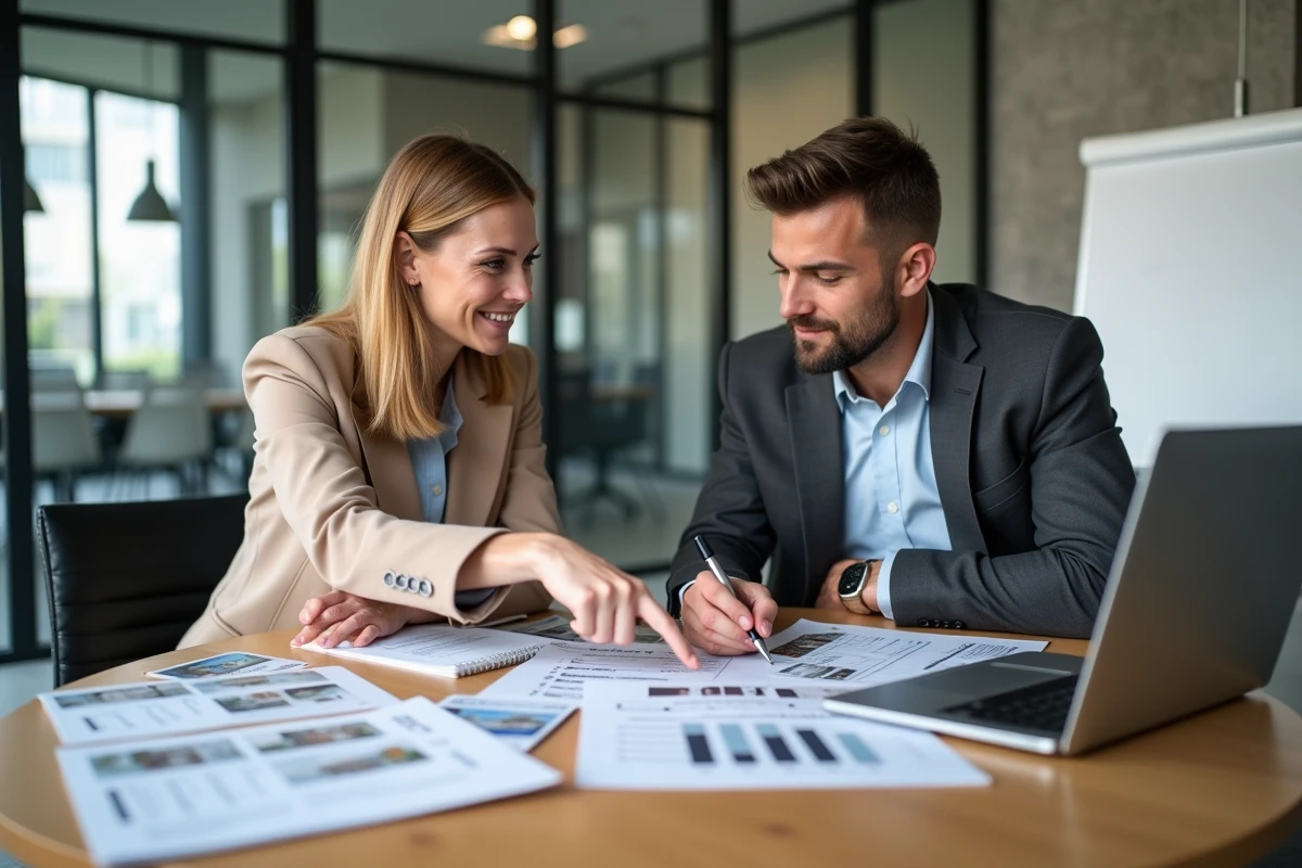 Deux professionnels de l'immobilier analysant des annonces et comparant des offres incluant les honoraires à la charge du vendeur