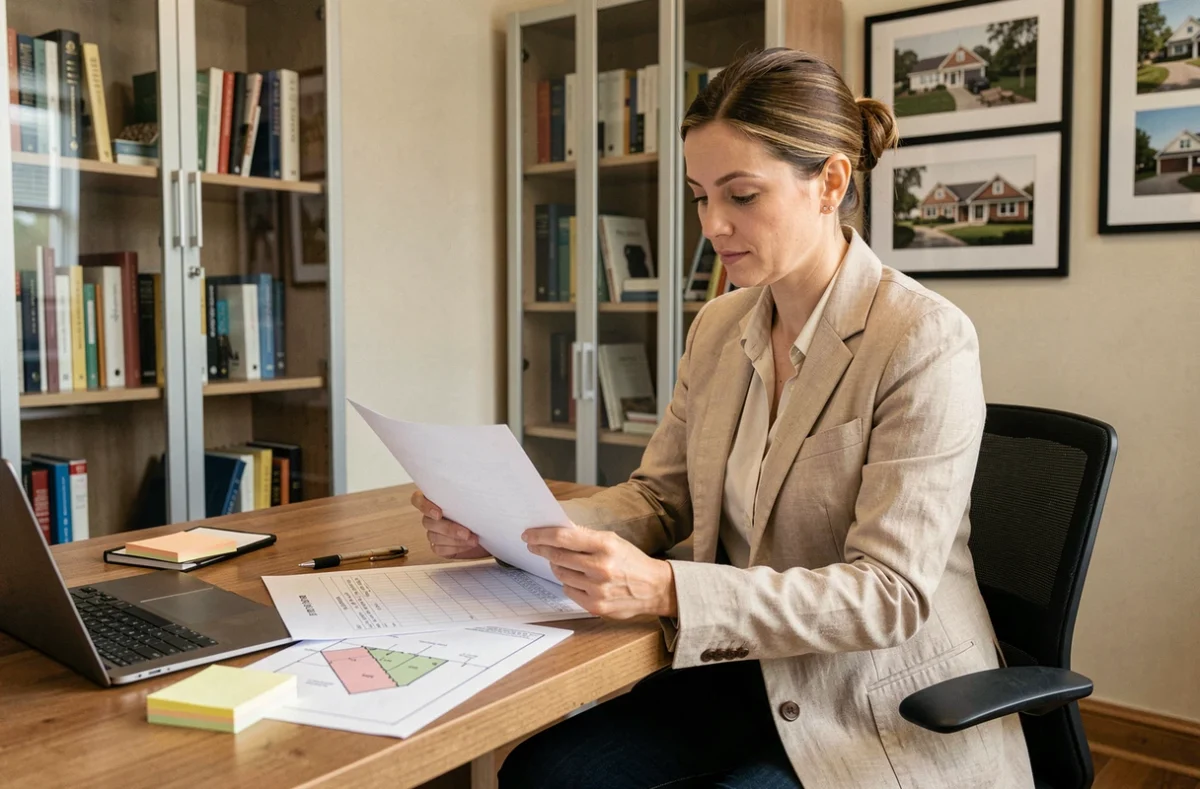 Femme analyste immobilière examinant un rapport d'estimation de parcelle PRL dans un bureau professionnel