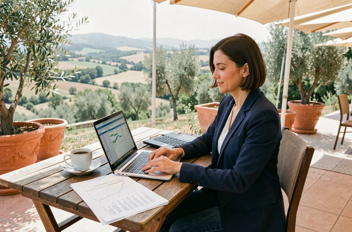 Femme analyste immobilière travaillant sur l'évaluation d'un camping touristique en terrasse extérieure