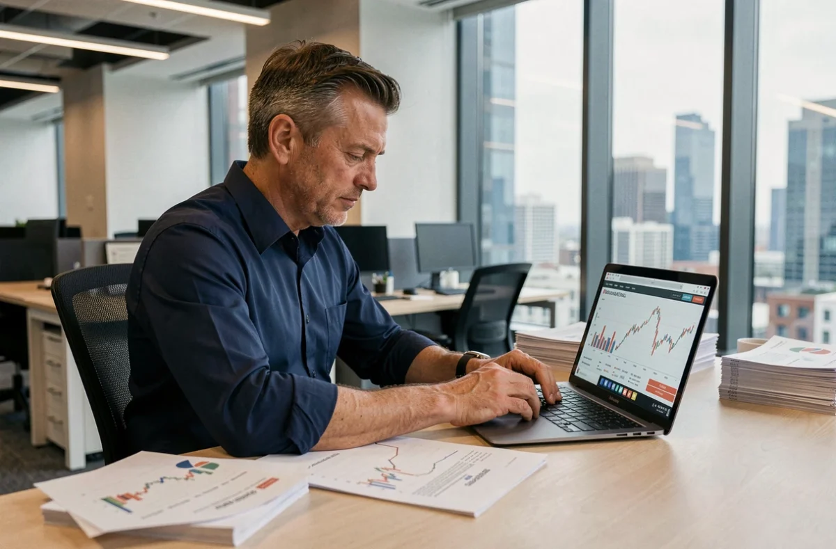 Analyste immobilier étudiant des données de marché foncier sur ordinateur portable et graphiques imprimés dans un bureau professionnel moderne