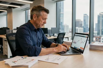 Analyste immobilier étudiant des données de marché foncier sur ordinateur portable et graphiques imprimés dans un bureau professionnel moderne