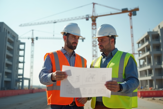 Architecte et ouvrier examinant des plans sur un chantier
