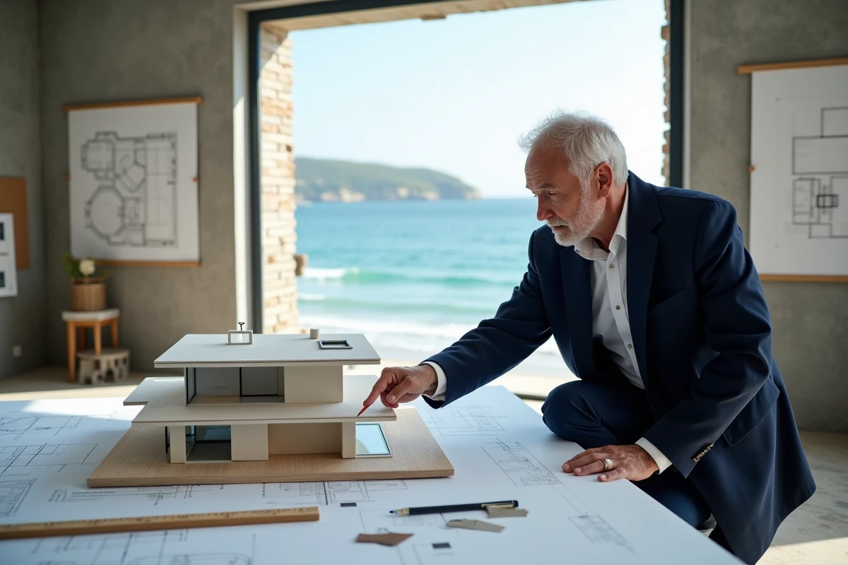 Architecte présentant une maquette de maison conçue pour optimiser une vue mer partielle dans un studio de conception côtier