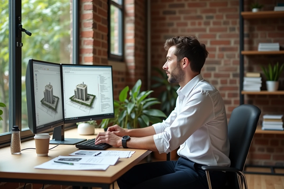 Architecte travaillant sur des logiciels de modélisation énergétique pour un projet immobilier certifié RSE dans un studio de design contemporain