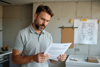 Artisan rénovateur examinant un devis de travaux dans un appartement en cours de rénovation