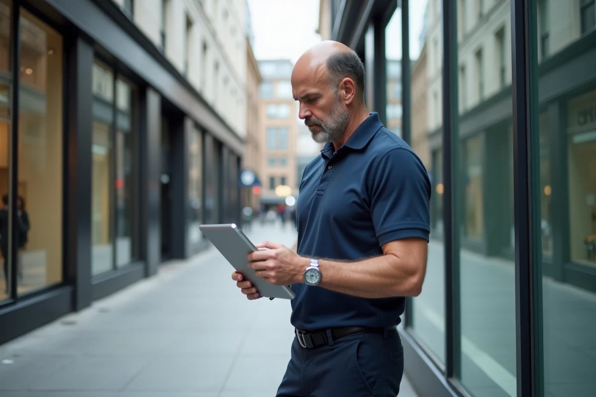 Auditeur énergétique inspectant la façade d'un local commercial avec une tablette de diagnostic, dans un contexte urbain réaliste illustrant les obligations du bail commercial