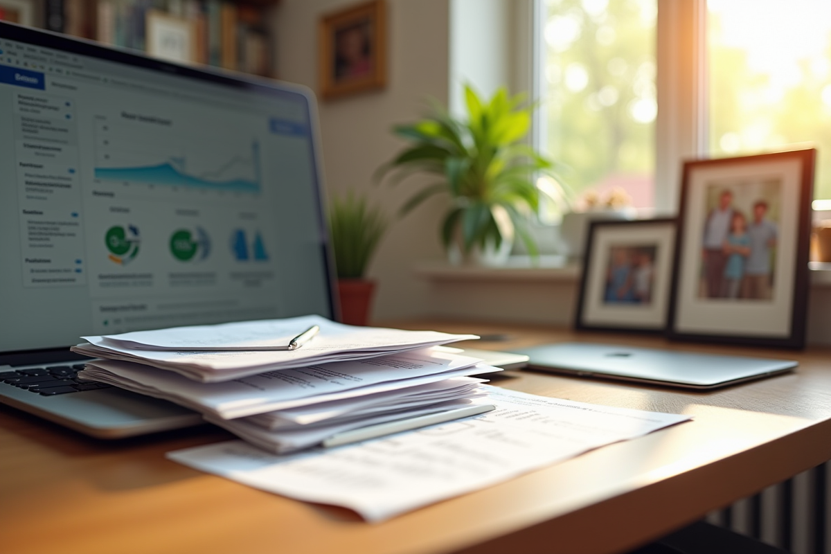 Espace de travail organisé avec ordinateur et photos de famille