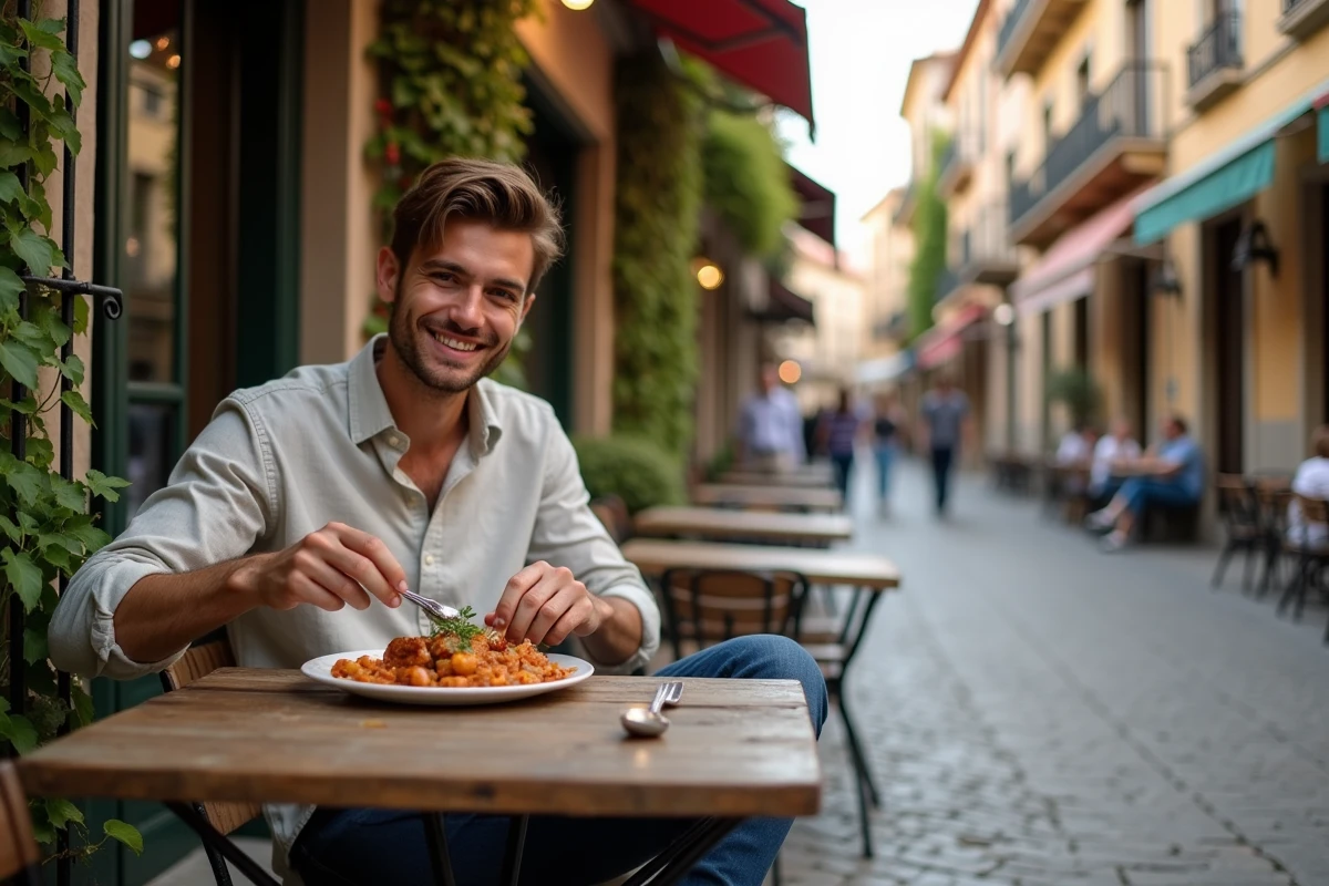Jeune homme dégustant un cassoulet en terrasse à Toulouse