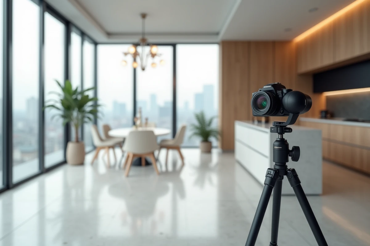 Caméra 360 degrés sur trépied dans un appartement moderne pour capturer une visite virtuelle immobilière professionnelle