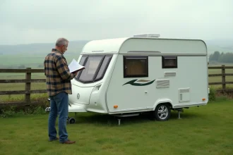 Caravane blanche installée sur un terrain agricole loué avec un homme consultant des documents à côté, paysage rural en arrière-plan