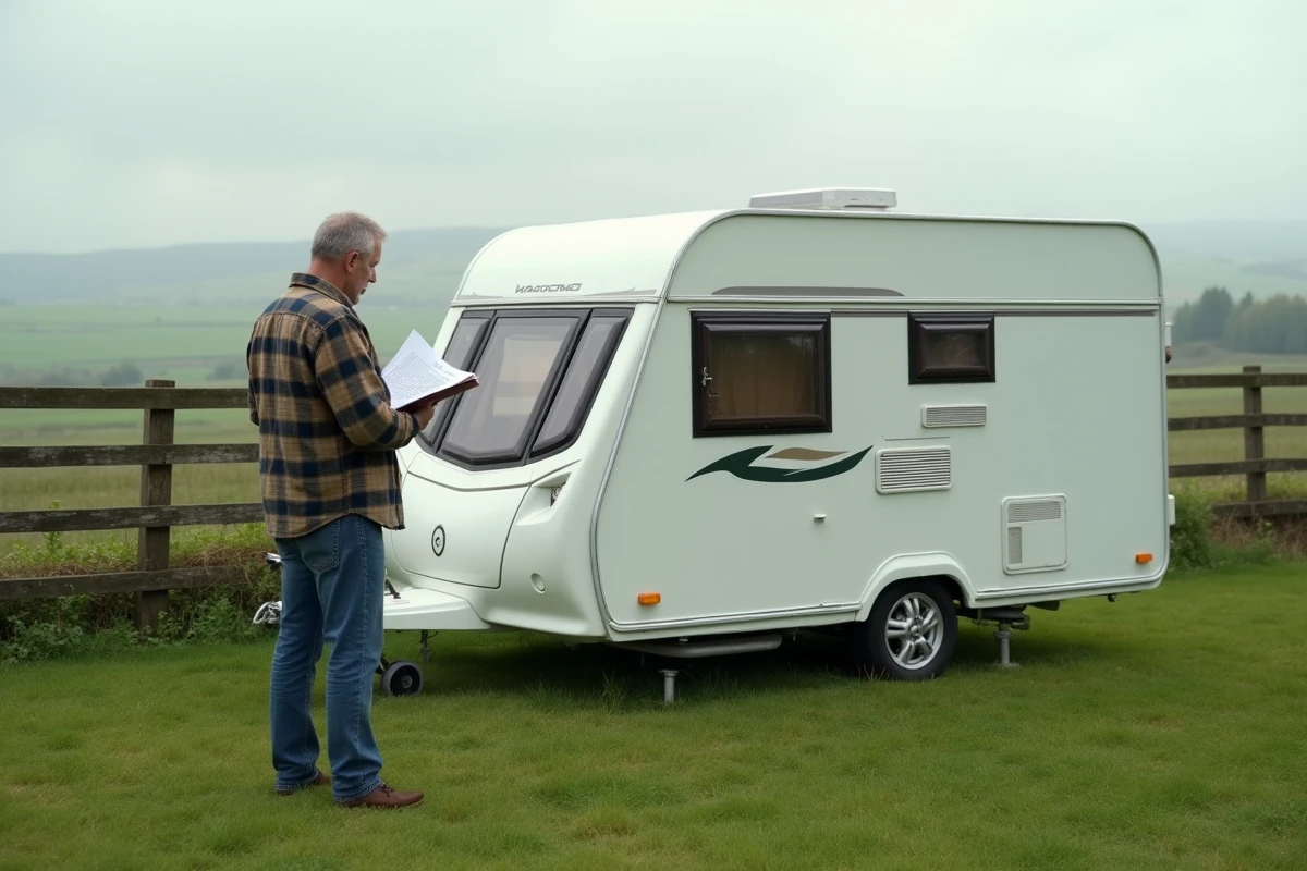 Caravane blanche installée sur un terrain agricole loué avec un homme consultant des documents à côté, paysage rural en arrière-plan