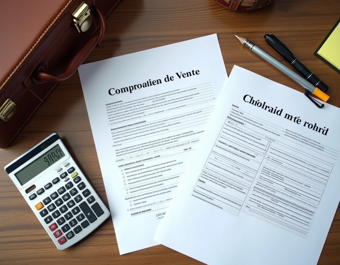 Vue aérienne d'une check-list fiscale TVA pour marchand de biens posée sur un bureau avec calculatrice et compromis de vente