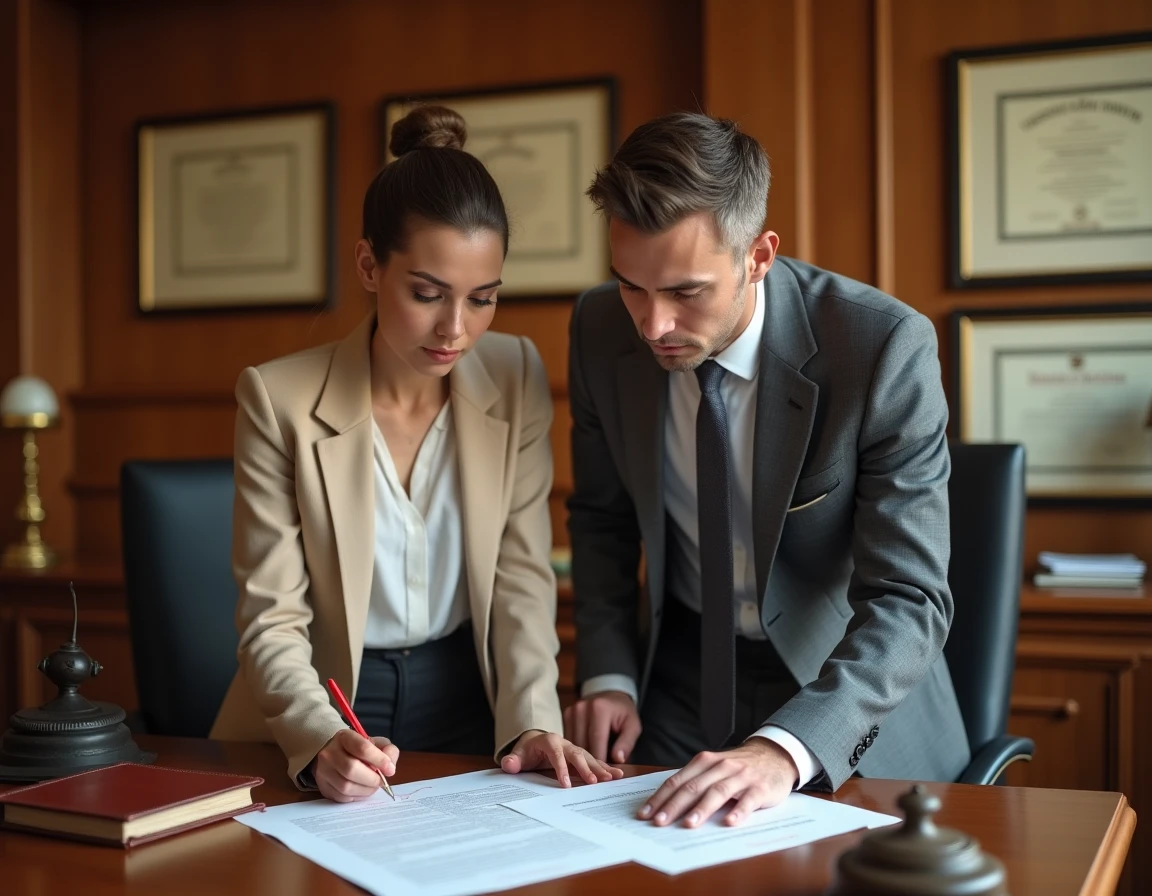 Professionnels de l'immobilier vérifiant une check-list TVA marchand de biens dans un bureau de notaire