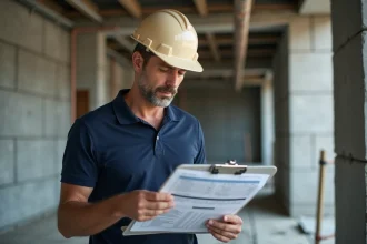 Chef de chantier analysant des documents de révision de prix BT47 sur un chantier de construction urbain