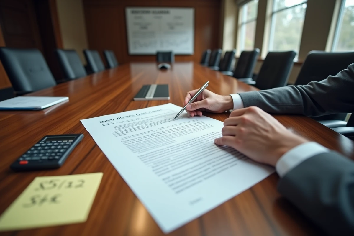Mains pointant une clause de révision de prix BT47 dans un contrat de travaux lors d'une réunion professionnelle