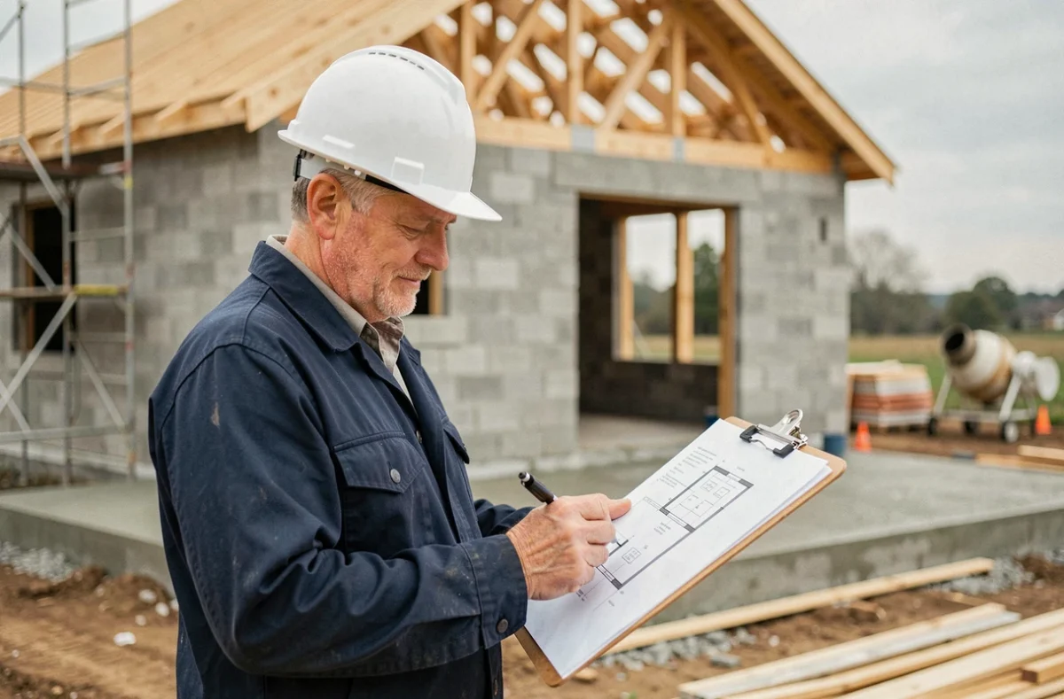 Maître d'œuvre expérimenté de Cogebat supervisant un chantier de construction de maison individuelle depuis 1988