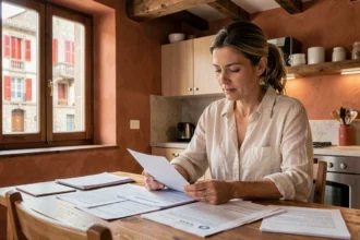 Femme comparant des offres d'assurance habitation à Bayonne dans une maison de style basque
