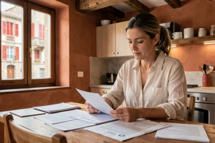 Femme comparant des offres d'assurance habitation à Bayonne dans une maison de style basque