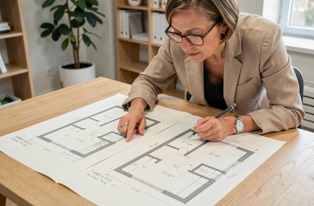 Femme agent immobilier comparant les plans d'un T1 et d'un T1bis imprimés sur papier, soulignant les différences de superficie et d'agencement entre les deux types d'appartements