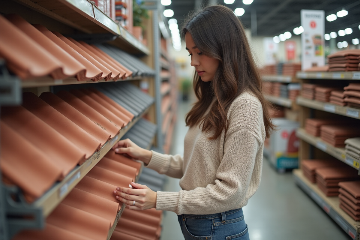 Jeune femme comparant tuiles en magasin de bricolage