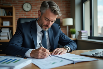 Comptable homme en costume analysant des documents financiers