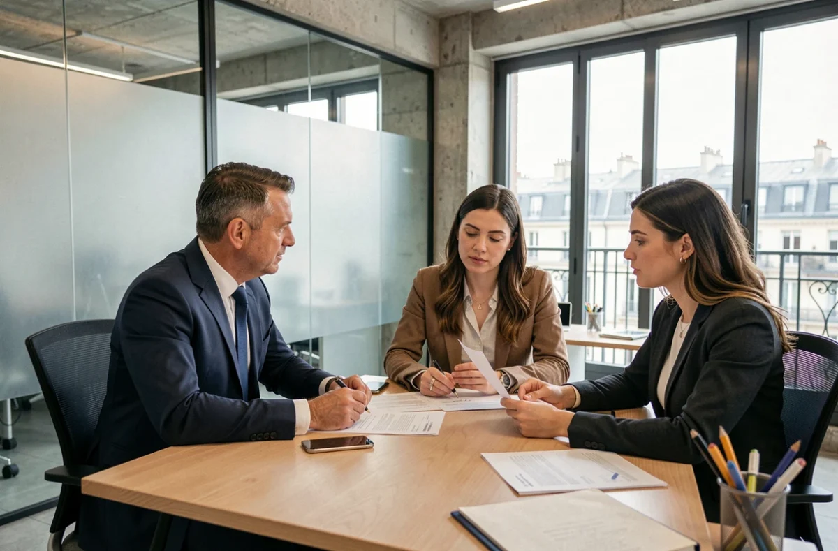 Conseiller Orpi Invest Immo présentant des documents d'investissement immobilier à Paris à un couple dans une agence moderne