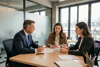 Conseiller Orpi Invest Immo présentant des documents d'investissement immobilier à Paris à un couple dans une agence moderne