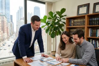 Conseiller en investissement locatif Timo Conseil accompagnant un couple dans la lecture de documents immobiliers dans un bureau professionnel moderne