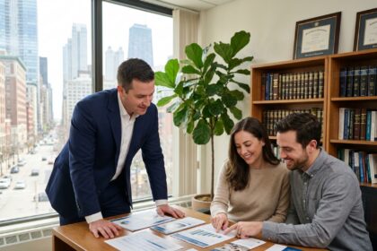 Conseiller en investissement locatif Timo Conseil accompagnant un couple dans la lecture de documents immobiliers dans un bureau professionnel moderne
