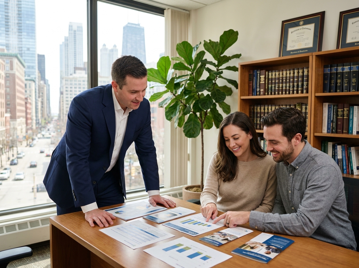 Conseiller en investissement locatif Timo Conseil accompagnant un couple dans la lecture de documents immobiliers dans un bureau professionnel moderne